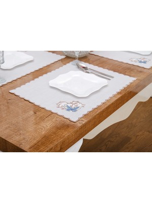 Finezza Dolce Nakışlı Keten Efekt Kumaş Krem Mavi A.servis 34X45 cm 4 Ad -1397