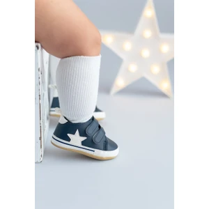First Step Beyaz Yıldızlı Lacivert Erkek Bebek Cırt Cırtlı Patik AYAKKABI-G-2352