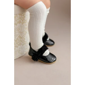 First Step Siyah Tüylü Cırt Cırtlı Rugan Kız Bebek Babet PATIK-G-2355