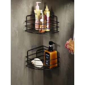 Ömür Boyu Paslanmaz Yapışkanlı Banyo Köşeliği Düzenleyici Şampuanlık Duş Rafı 2 Adet Siyah Tk-01