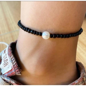 Store Atak Handmade Siyah Kum Boncuk Beyaz Inci Kadın Erkek Unisex Halhal