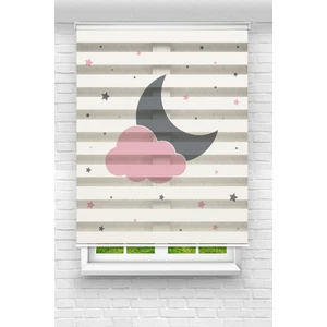 Genç Odası - Pembe Bulut Gri Ay Baskılı Zebra Perde