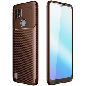 Case 4U Realme C25 Kılıf Rugged Armor Karbon Desenli Lüx Negro Silikon Arka Kapak Kahverengi