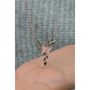 925 Ayar Gümüş Yeşil Taşlı Daldaki Kelebek Kolye