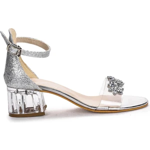 Kiko Kids 790 Kum Simli Taşlı Kız Çocuk 3 cm Şeffaf Topuklu Sandalet Ayakkabı Gümüş