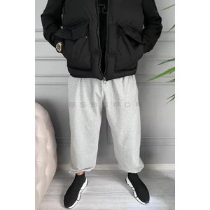 Gri Şardonlu Içi Pamuklu Kışlık Eşofman Altı Oversize Paçası Lastikli Jogger