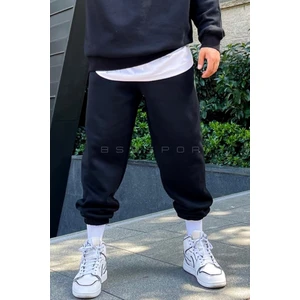 Siyah Içi Pamuklu Kışlık Geniş Kalıp Şardonlu Lastikli Paça Eşofman Altı Jogger Salaş