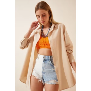 Kadın Bej Oversize Uzun Basic Gömlek HZL22W-BD139001