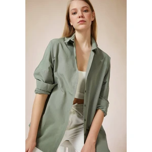 Kadın Haki Oversize Uzun Basic Gömlek HZL22W-BD139001