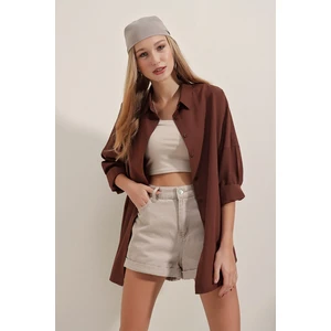 Kadın Çikolata Oversize Uzun Basic Gömlek HZL22W-BD139001