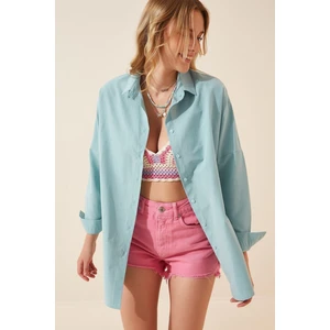 Kadın Su Yeşili Oversize Uzun Basic Gömlek  HZL22W-BD139001