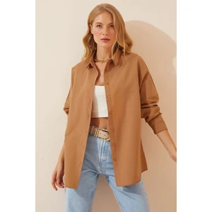 Kadın Camel Oversize Uzun Basic Gömlek  HZL22W-BD139001