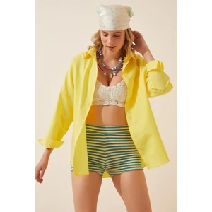 Kadın Sarı Oversize Uzun Basic Gömlek HZL22W-BD139001