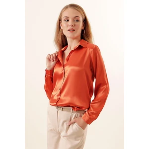 Kadın Oranj  Hafif Dökümlü Saten Yüzeyli Gömlek HZL22W-BD139641