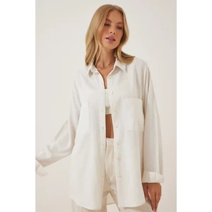 Kadın Ekru Oversize Çift Cepli Keten Gömlek HZL22S-BD1201261