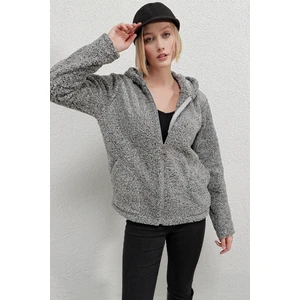 Kadın Welsoft Esnek Kumaş Gri Peluş Yumoş Önü Fermuarlı Kapüşonlu Ceket HZL23W-DSB110081