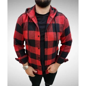 Store Atak Kırmızı Siyah Erkek Kadın Düğmeli Oduncu Gömlek Kapüşonlu - Slim Fit
