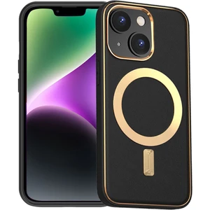 Apple iPhone 14 Kılıf Gold Magsafe Wireless Kablosuz Şarj Uyum Suni Deri Hibrit Kapak