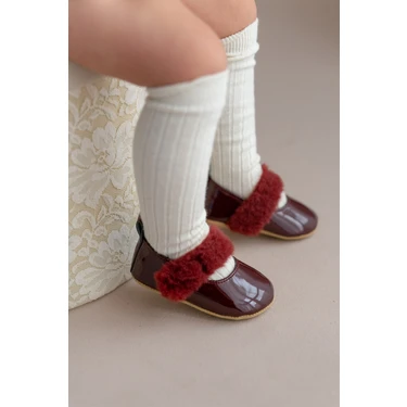 First Step Bordo Tüylü Cırt Cırtlı Rugan Kız Bebek Babet