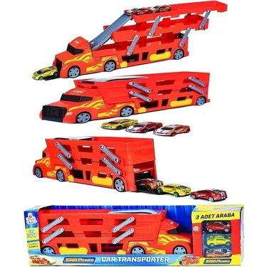 King Toys TKM-1032 3 Arabalı Taşıyıcı Tır Oyuncak Seti – Dayanıklı Plastik, Alev Desenli, 3 Yaş ve