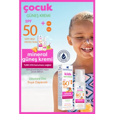Dermavia Spf+50 Çocuk Yüz ve Vücut Koruma Mineralli Güneş Kremi 100