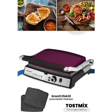 Goldmaster Tostmix Mor Paslanmaz Çelik 2000 Watt Granit Çıkarılabilir Plakalı Tost ve Izgara