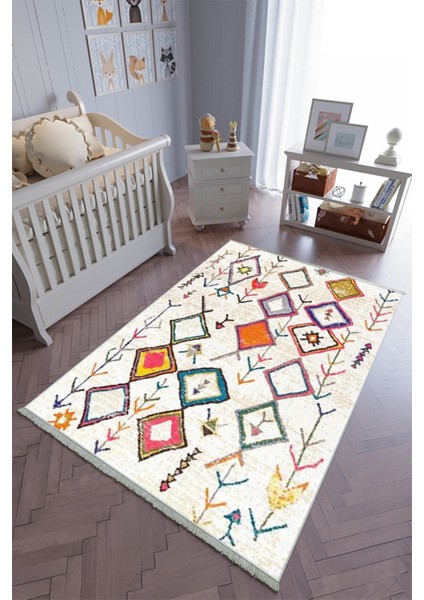 çocuk Odası Halısı Ekru Turuncu Yolluk Kaymaz Yuvarlak Oval Kesme Ince Yıkanabilir Halı