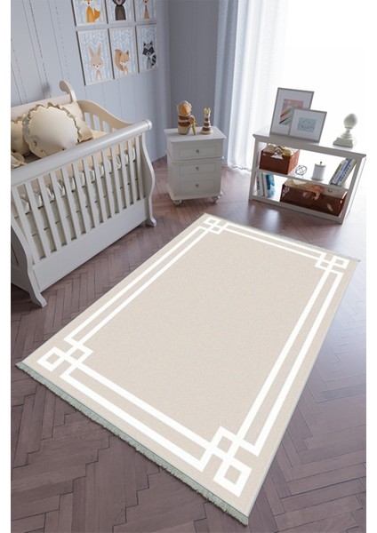 çocuk Odası Halısı Ekru Beyaz Yolluk Kaymaz Yuvarlak Oval Kesme Ince Yıkanabilir Halı