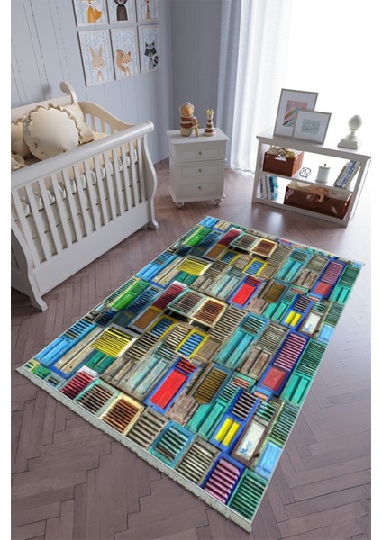 çocuk Odası Halısı Çok Renkli Yolluk Kaymaz Yuvarlak Oval Kesme Ince Yıkanabilir Halı