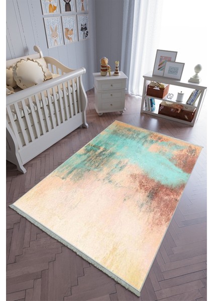 çocuk Odası Halısı Turkuaz Pastel Yolluk Kaymaz Yuvarlak Oval Kesme Ince Yıkanabilir Halı