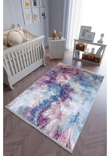çocuk Odası Halısı Mavi Mor Pastel Yolluk Kaymaz Yuvarlak Oval Kesme Ince Yıkanabilir Halı
