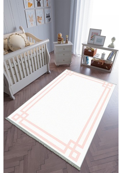çocuk Odası Halısı Pembe Beyaz Yolluk Kaymaz Yuvarlak Oval Kesme Ince Yıkanabilir Halı