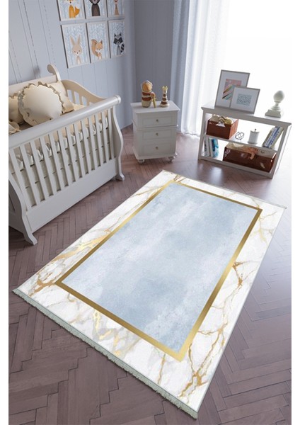 çocuk Odası Halısı Mavi Altın Gold Yolluk Kaymaz Yuvarlak Oval Kesme Ince Yıkanabilir Halı
