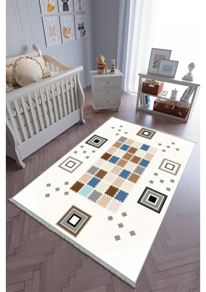 çocuk Odası Halısı Ekru Yolluk Kaymaz Yuvarlak Oval Kesme Ince Yıkanabilir Halı