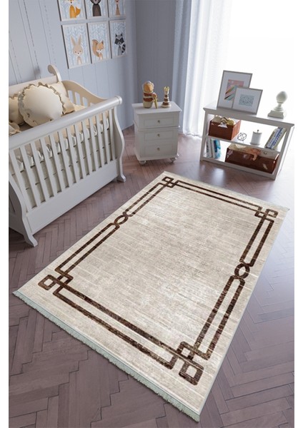 çocuk Odası Halısı Bej Kahverengi Yolluk Kaymaz Yuvarlak Oval Kesme Ince Yıkanabilir Halı