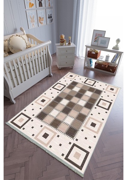 çocuk Odası Halısı Bej Kahverengi Yolluk Kaymaz Yuvarlak Oval Kesme Ince Yıkanabilir Halı