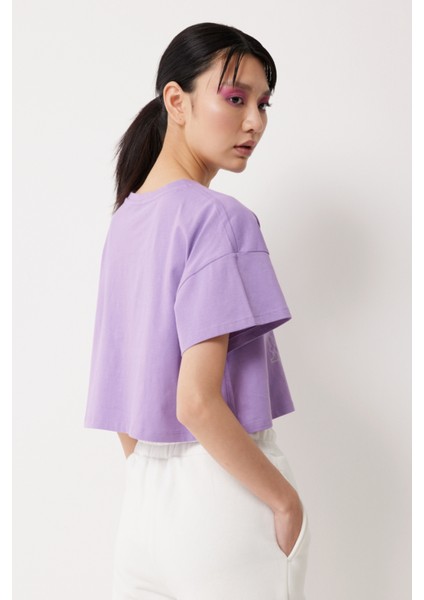 Loose Fit Rahat Kesim %100 Pamuk Bisiklet Yaka Mor Tişört indirimleri