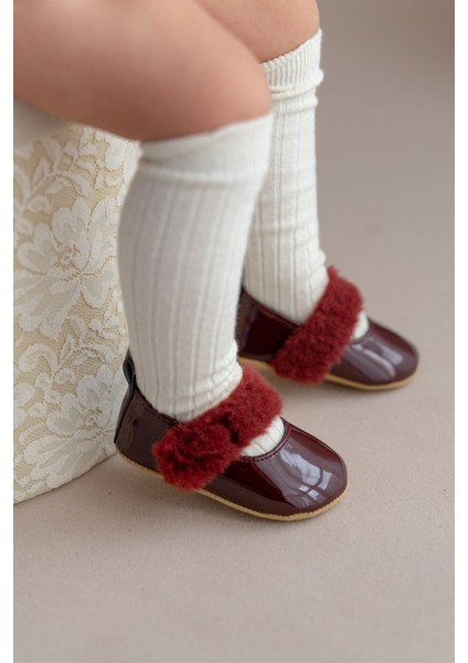 Bordo Tüylü Cırt Cırtlı Rugan Kız Bebek Babet PATIK-G-2355