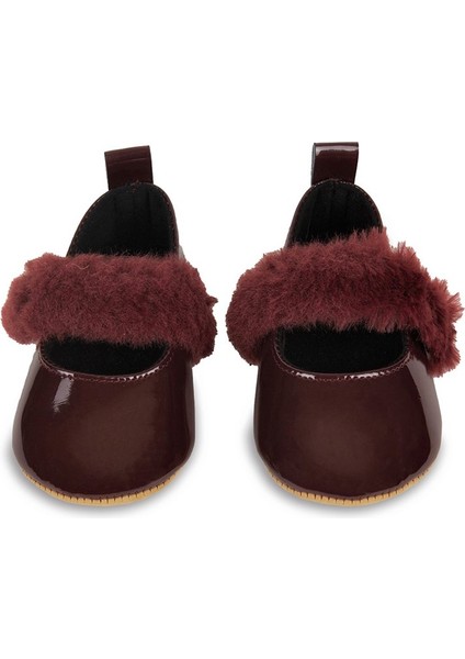 Bordo Tüylü Cırt Cırtlı Rugan Kız Bebek Babet PATIK-G-2355