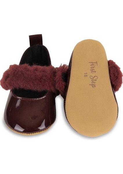 Bordo Tüylü Cırt Cırtlı Rugan Kız Bebek Babet PATIK-G-2355