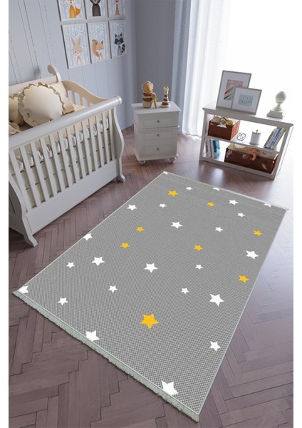 çocuk Odası Halısı Gri 4 Sarı Yolluk Kaymaz Yuvarlak Oval Kesme Ince Yıkanabilir Halı