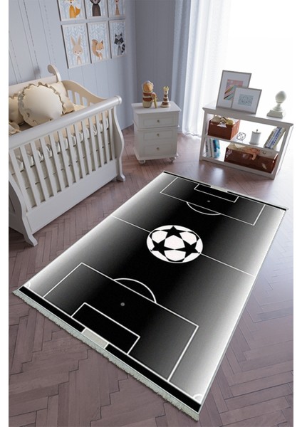 çocuk Odası Halısı Siyah Beyaz Futbol Yolluk Kaymaz Yuvarlak Oval Kesme Ince Yıkanabilir Halı