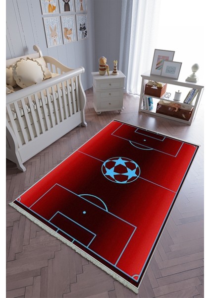 çocuk Odası Halısı Bordo Mavi Futbol Yolluk Kaymaz Yuvarlak Oval Kesme Ince Yıkanabilir Halı
