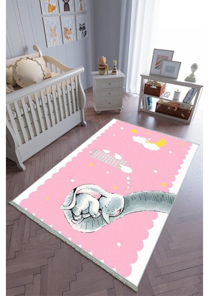 çocuk Odası Halısı Pembe 4 Sarı Kız Yolluk Kaymaz Yuvarlak Oval Kesme Ince Yıkanabilir Halı