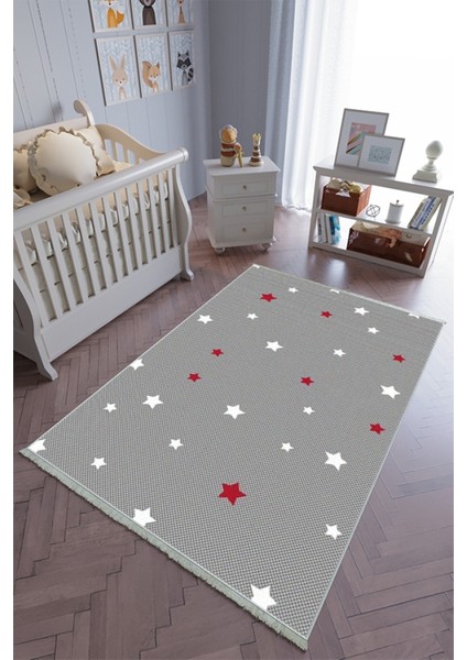 çocuk Odası Halısı Gri Yolluk Kaymaz Yuvarlak Oval Kesme Ince Yıkanabilir Halı