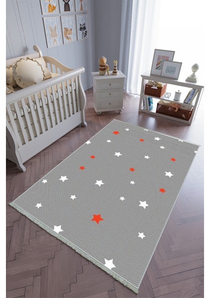 çocuk Odası Halısı Gri Kırmızı Yolluk Kaymaz Yuvarlak Oval Kesme Ince Yıkanabilir Halı