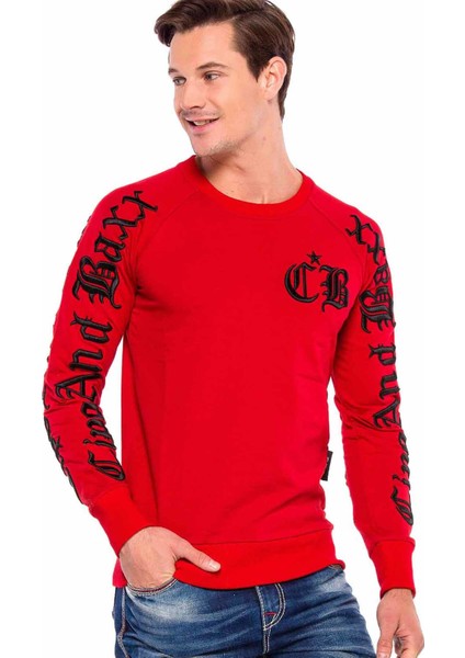 CL370 Kalın Nakışlı Kırmızı Bisiklet Yaka Sweatshirt