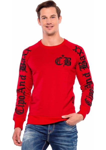 CL370 Kalın Nakışlı Kırmızı Bisiklet Yaka Sweatshirt fiyatları