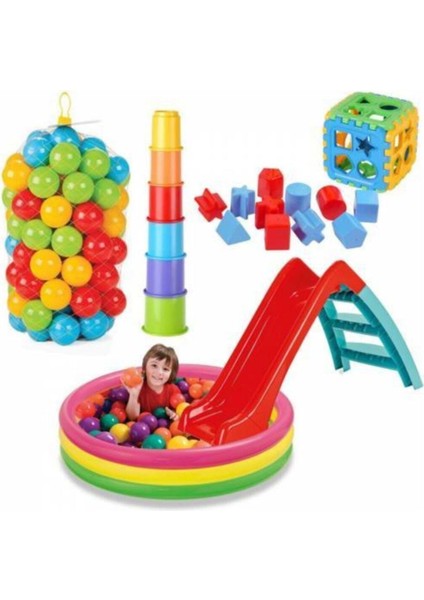 Kaydıraklı Oyun Seti 86 cm Havuz Kaydırak Bultak Mini Kule 100 Adet Top 86CM
