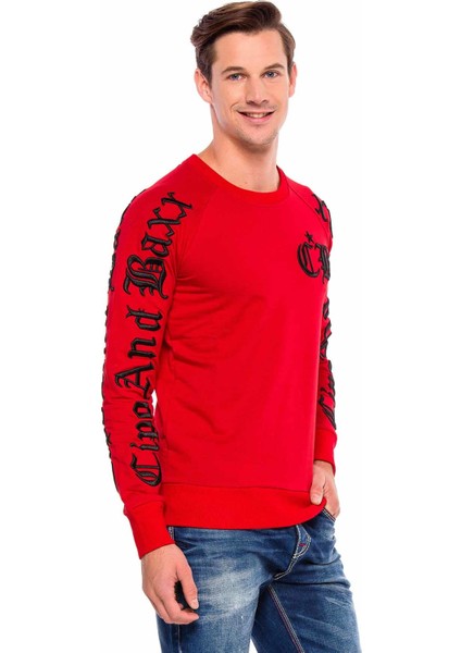 CL370 Kalın Nakışlı Kırmızı Bisiklet Yaka Sweatshirt modelleri